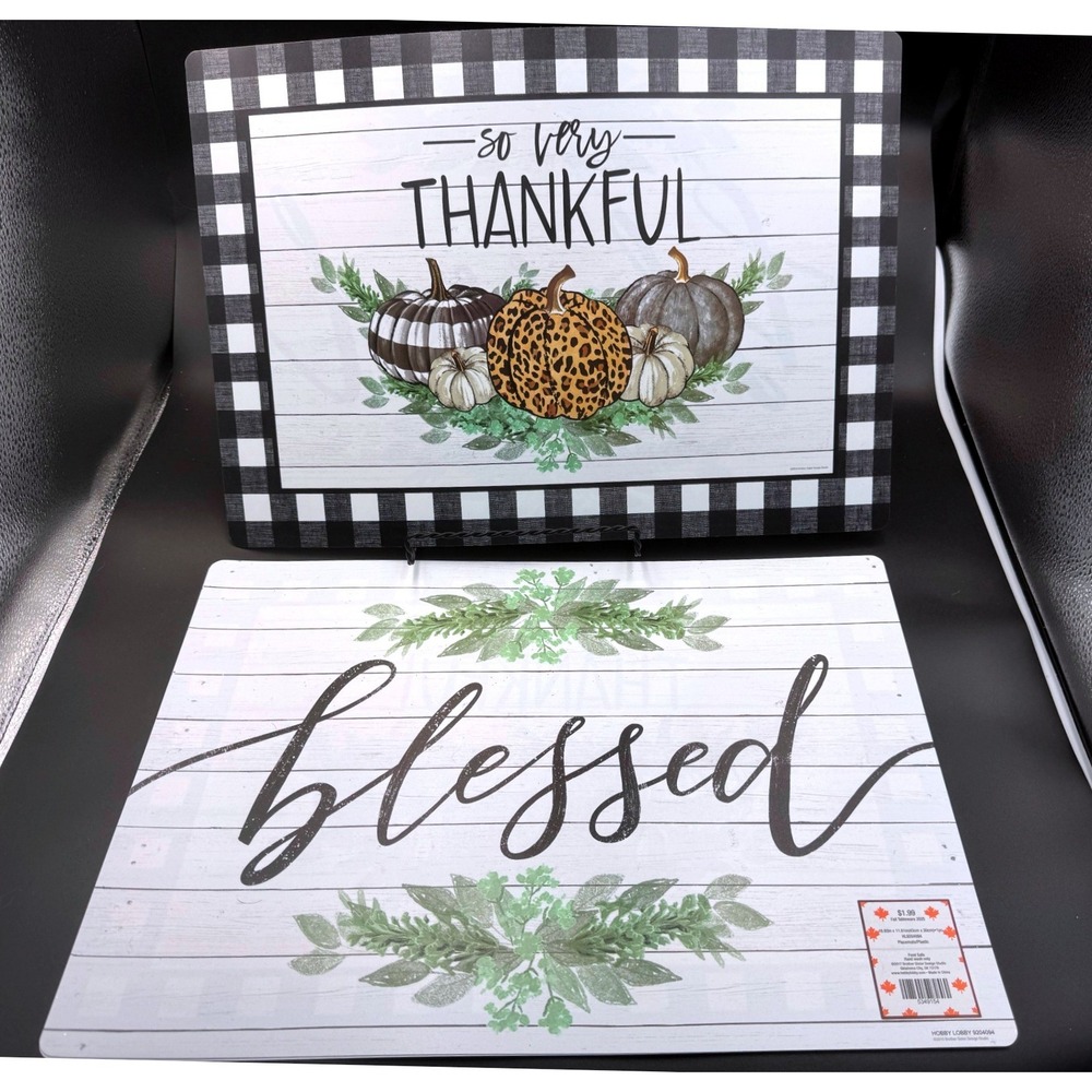 Hobby Lobby Fall Placemats Set of 4 Blessed So Very Thankful Pumpkins Leopard